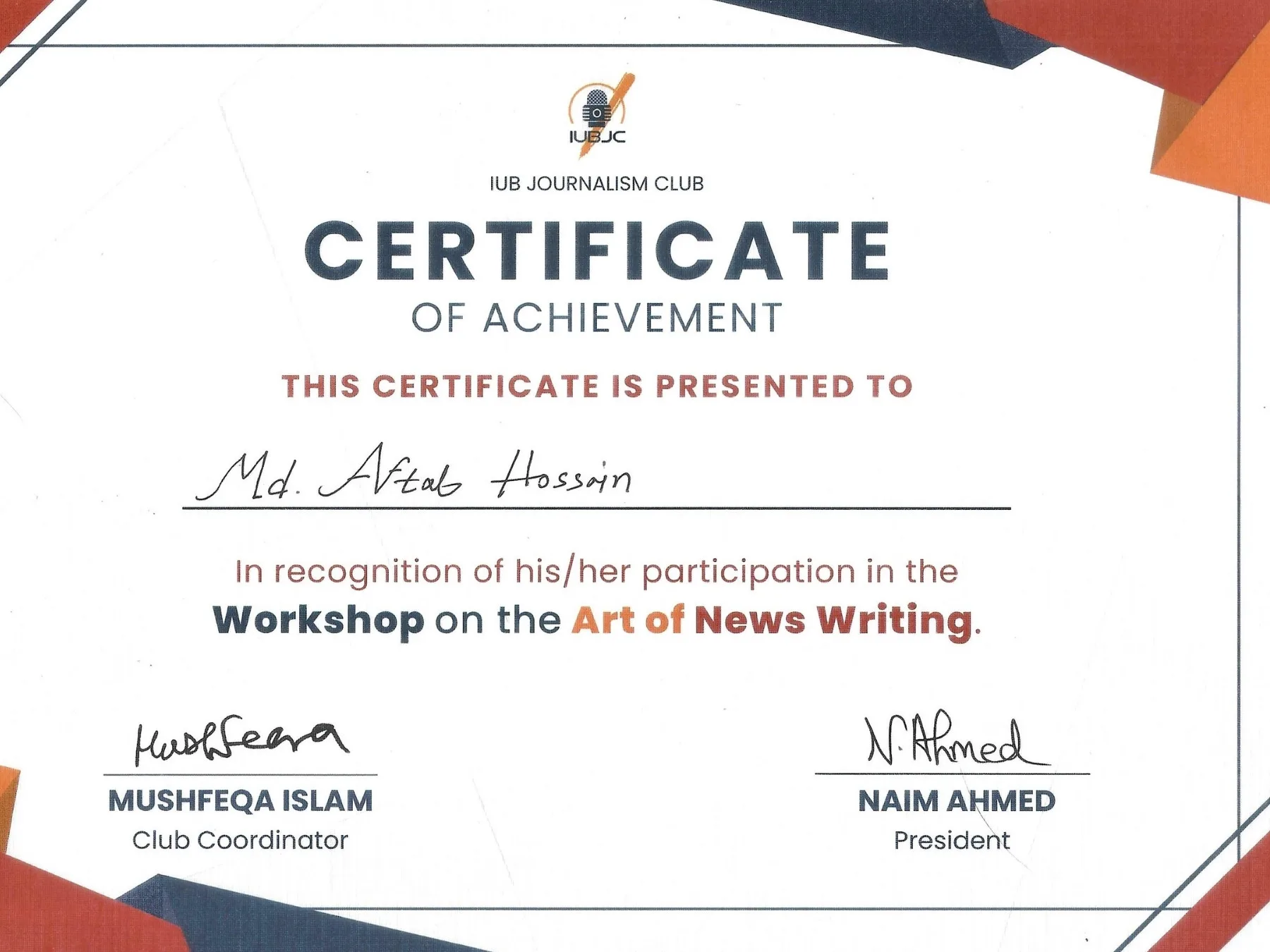 Certificate of Journalism Workshop